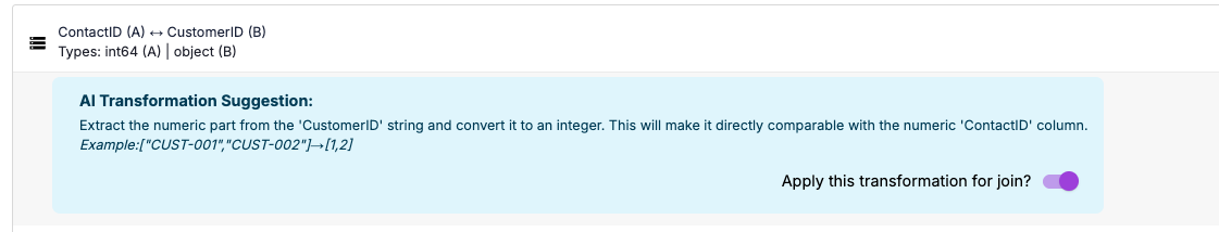 A close-up screenshot highlighting the AI's suggestion to transform a join key.